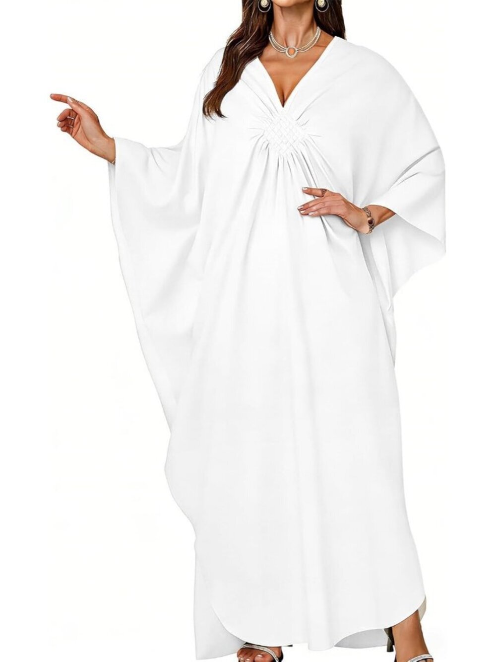 Women White Polyester Plus Size V Neck Printed Batwing Sleeves Kaftan Coverup